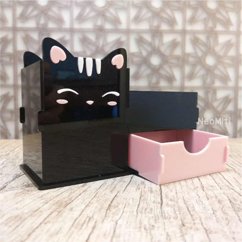 porta canetas gatinho para gateiros e gateiras amantes de gato em acrilico com gavetinha gaveta kawaii cute
