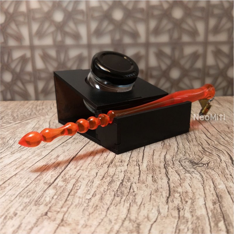 suporte tinta em mdf preto com potinho de vidro para caligrafia guache cabo obliquo